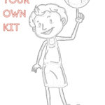 A black and white line drawing depicts a smiling child holding a spinning model of an atom. Text above reads "DESIGN YOUR OWN KIT."