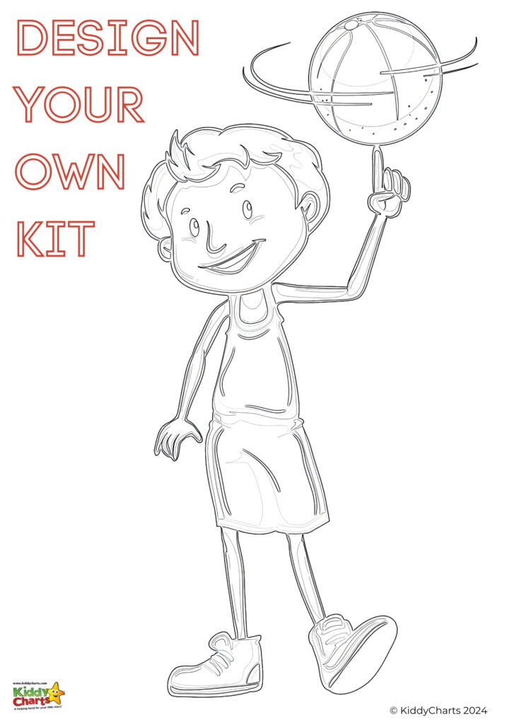 A black and white line drawing depicts a smiling child holding a spinning model of an atom. Text above reads "DESIGN YOUR OWN KIT."