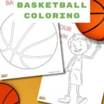 This image shows a promotional flyer for a basketball-themed coloring activity, featuring an illustration of a person with a basketball and downloadable content for kids.