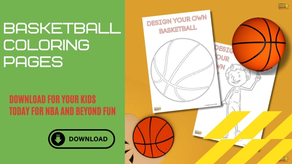 The image shows an advertisement for basketball coloring pages, featuring illustrations, an orange basketball, and a download button for printing activities for children.