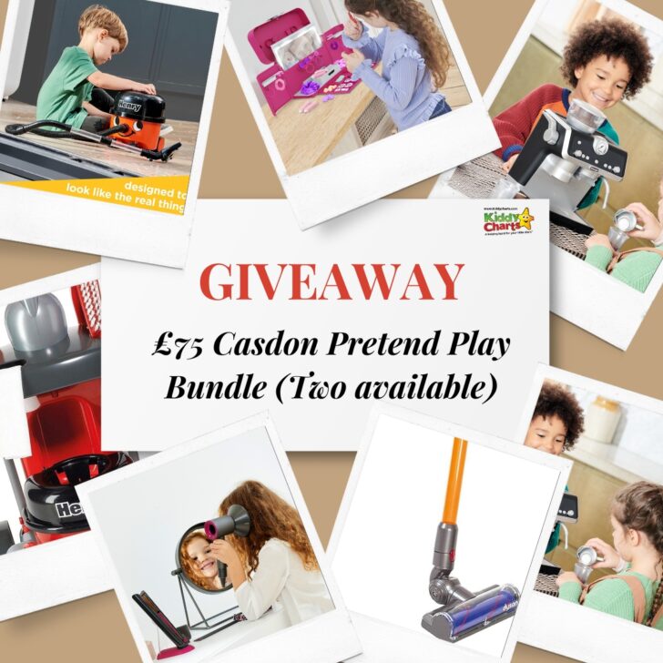 This image shows a collage advertising a giveaway for a £75 Casdon Pretend Play Bundle featuring children engaging with toy versions of household appliances.