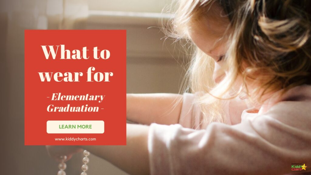 This image shows a child looking down, with text "What to wear for - Elementary Graduation" and a website "www.kiddycharts.com." There's a "LEARN MORE" button.