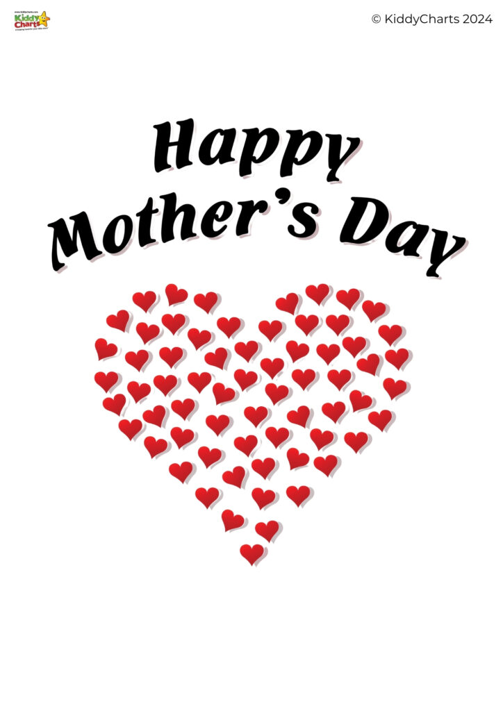 The image displays a heart-shaped arrangement of red hearts with "Happy Mother's Day" text above, all on a white background. It is a greeting design.