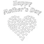 This is a black and white coloring page with the message "Happy Mother's Day" surrounded by multiple small hearts arranged in a larger heart shape.