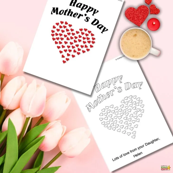 The image features Mother's Day themed items: two greeting cards, a bouquet of pink tulips, a coffee cup, a glittery heart, and a candle on a pink background.