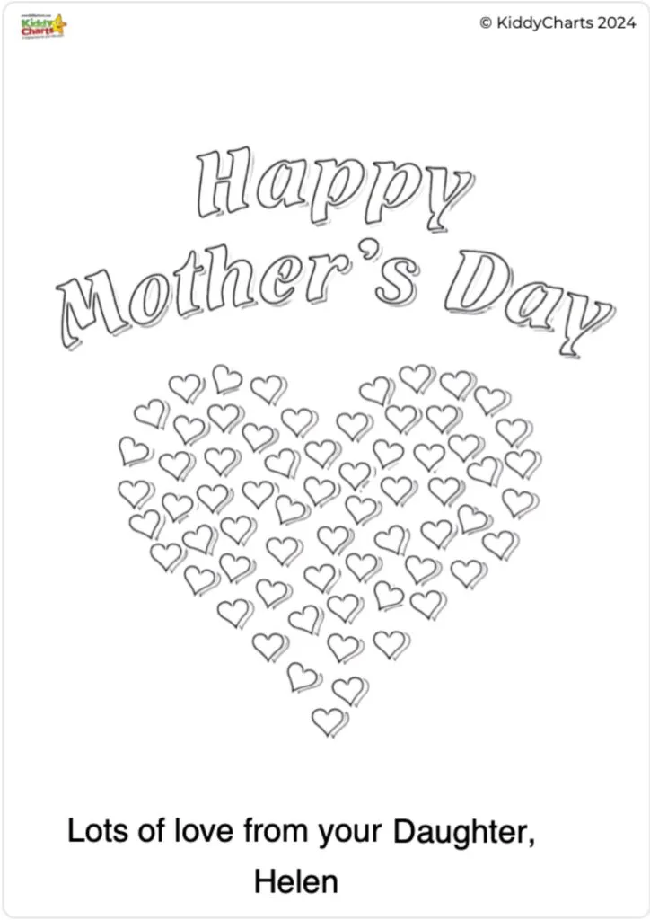This is an image of a Mother's Day greeting card with a heart-shaped design made of many smaller hearts, and the message "Lots of love from your Daughter, Helen."