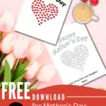 The image shows an advertisement for a free Mother's Day printable poster with heart designs, tulips, and a coffee cup, presented on a pink background.