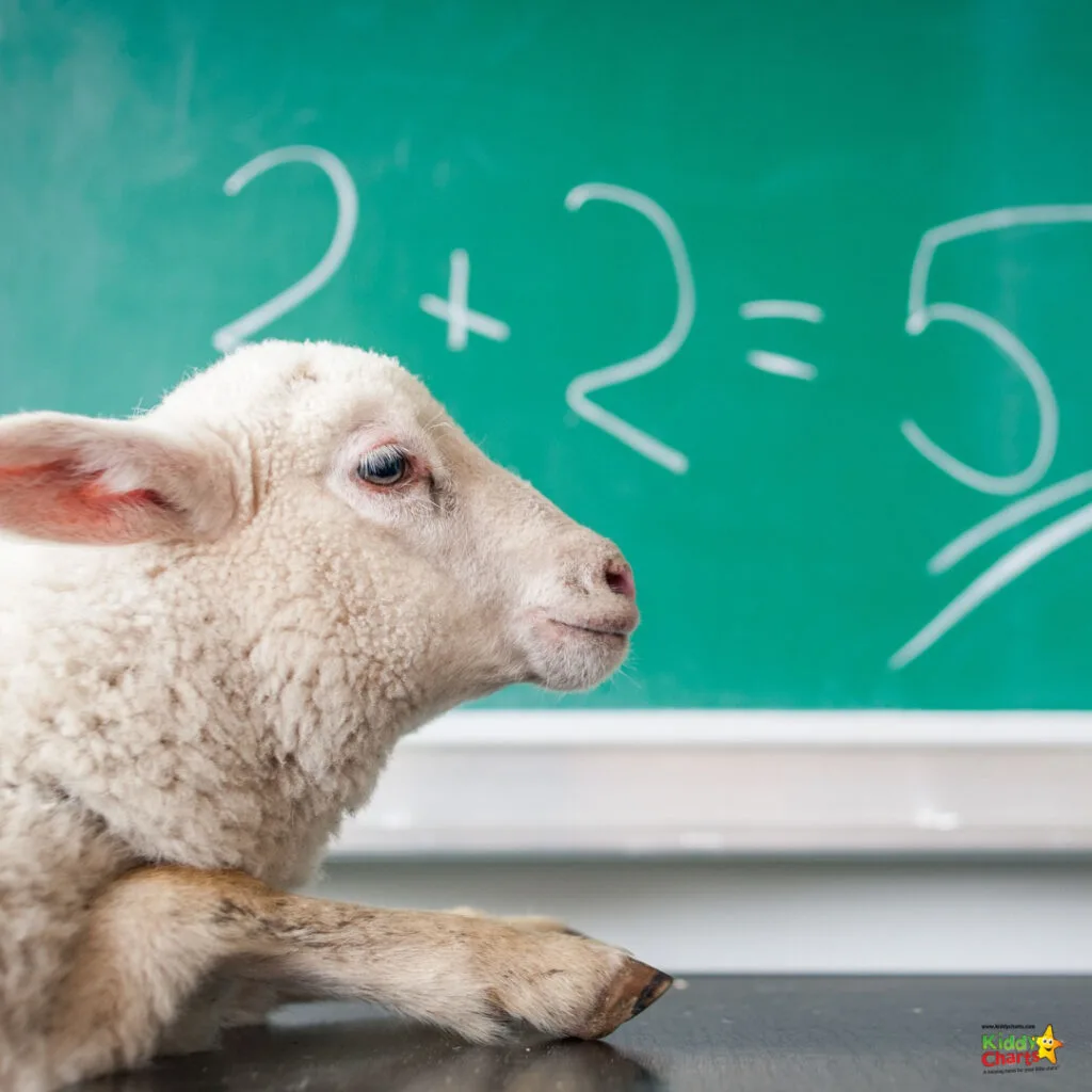 A sheep rests on a desk in a classroom, facing a chalkboard with "2 x 2 = 5" written incorrectly, suggesting humor in the sheep's attendance.