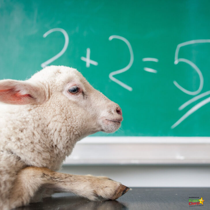 A sheep rests on a desk in a classroom, facing a chalkboard with 