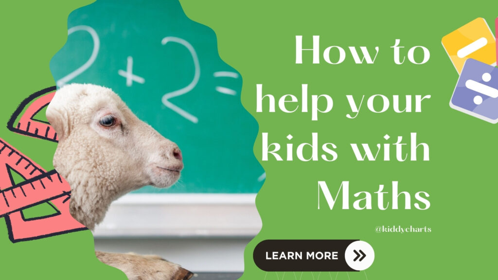 A sheep next to a green chalkboard with mathematical symbols, associated with an ad about helping kids with math, featuring educational icons and a CTA button.
