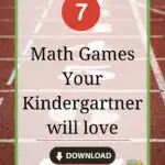This promotional image features text advertising "7 Math Games Your Kindergartner will love" with a download button, set against a running track background.