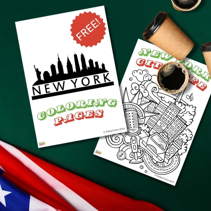 A photo of free New York themed coloring pages on a green surface, flanked by a coffee cup and a Puerto Rican flag.