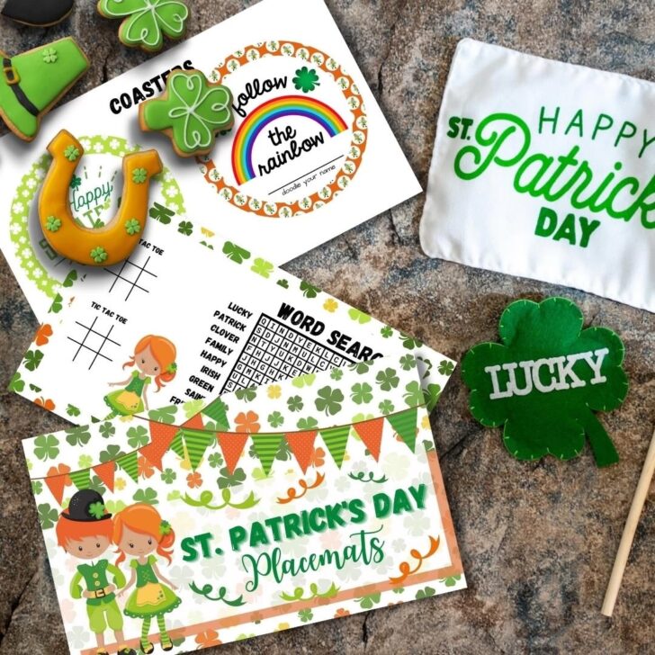 This image features festive St. Patrick's Day items: placemats, decorations, and games with shamrocks, a rainbow theme, and leprechaun illustrations.