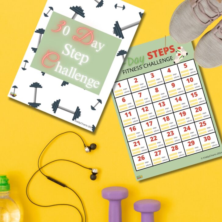 The image features fitness-related items: a 30-Day Step Challenge poster, a calendar, dumbbells, sneakers, a water bottle, and earphones on a yellow background.