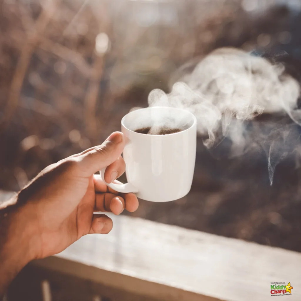 A person's hand is holding a steaming white mug against a blurred natural background with sunlight creating a warm atmosphere.