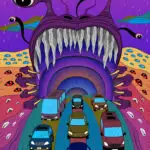 Surreal illustration showing vehicles driving into a gigantic, colorful, monster's open mouth, under a purple sky dotted with eyes and tentacles.