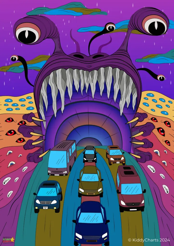 Surreal illustration showing vehicles driving into a gigantic, colorful, monster's open mouth, under a purple sky dotted with eyes and tentacles.