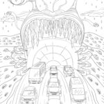 Black and white coloring page depicting vehicles entering a tunnel with a whimsical, surreal landscape featuring swirling clouds and abstract shapes.