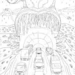 Black and white coloring page depicting vehicles entering a tunnel with a whimsical, surreal landscape featuring swirling clouds and abstract shapes.