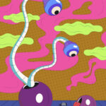 A colorful digital illustration features whimsical, abstract creatures with eyes on stalks against a pink and brown dotted backdrop and a blue checkered floor.