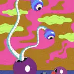 A colorful digital illustration features whimsical, abstract creatures with eyes on stalks against a pink and brown dotted backdrop and a blue checkered floor.