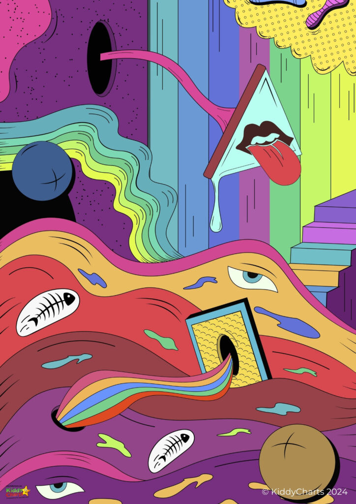 Vibrant, surreal artwork featuring abstract shapes, eyes, dripping elements, a mouth with protruding tongue, and a flowing, rainbow-colored form on a colorful background.