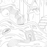 This image is a black and white surrealist coloring page featuring melting clocks, peculiar shapes, and distorted objects, evoking a dream-like atmosphere.