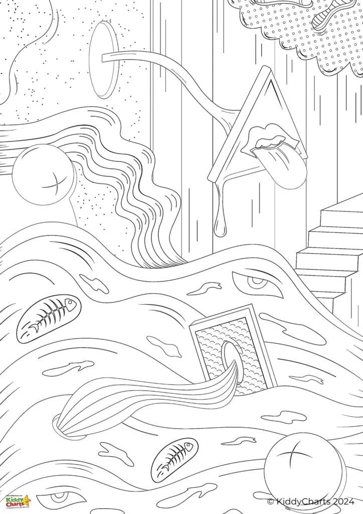 This image is a black and white surrealist coloring page featuring melting clocks, peculiar shapes, and distorted objects, evoking a dream-like atmosphere.