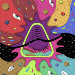This is a colorful, psychedelic illustration featuring abstract faces with prominent eyes and mouths against a multicolored background with various shapes and patterns.