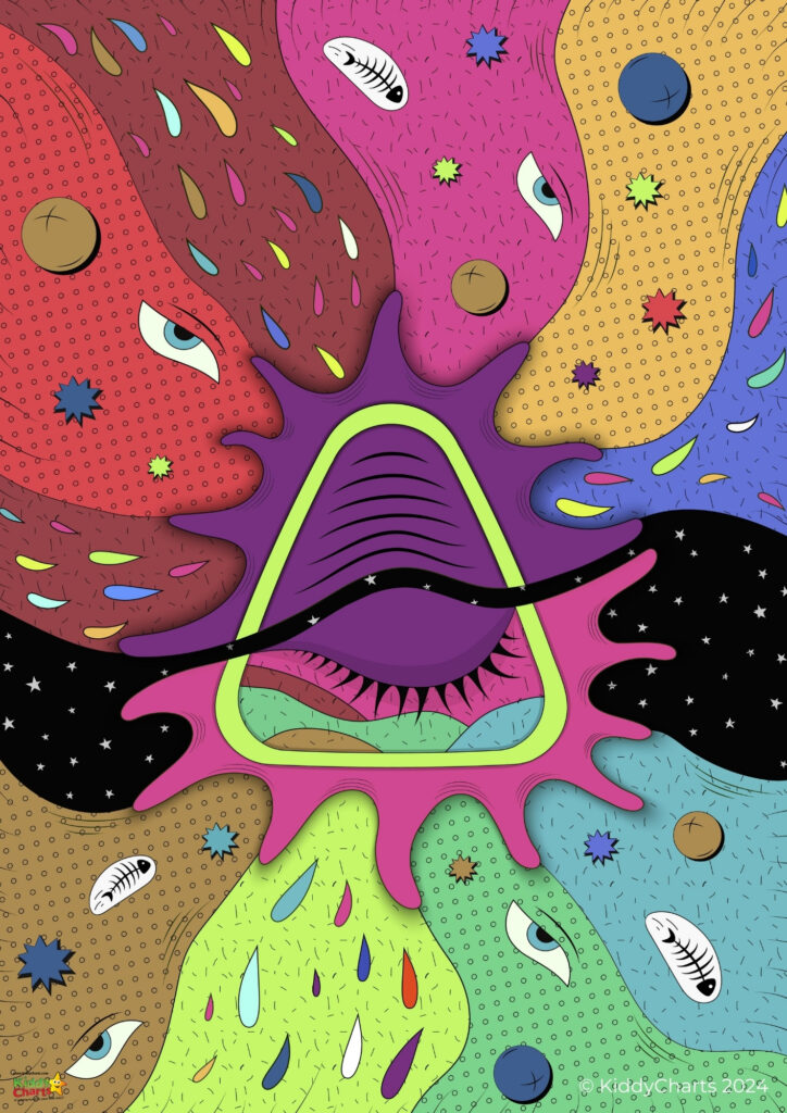 This is a colorful, psychedelic illustration featuring abstract faces with prominent eyes and mouths against a multicolored background with various shapes and patterns.