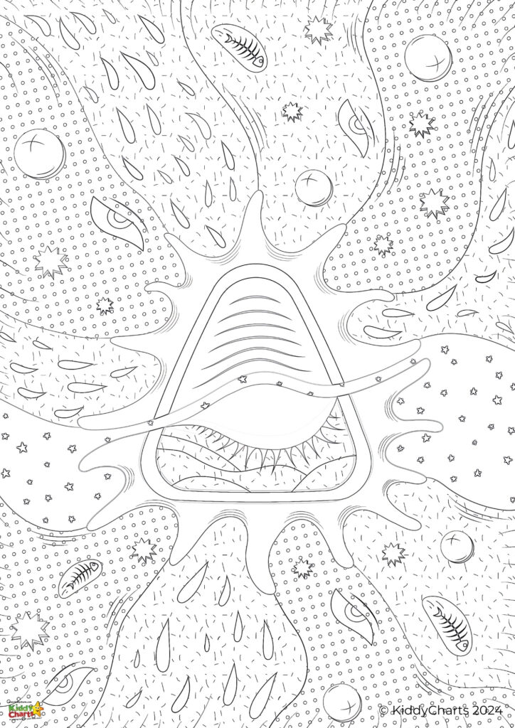 This image is a black and white intricate butterfly coloring page with various patterns such as stars, circles, and drops on its wings.