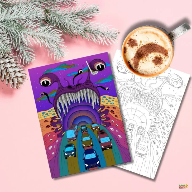A whimsical, colorful monster illustration on a card next to its black-and-white version, accompanied by a cup of coffee and snowy pine branches.