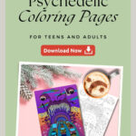 This image shows an advertisement for psychedelic coloring pages aimed at teens and adults, available for download, with a sample displayed.