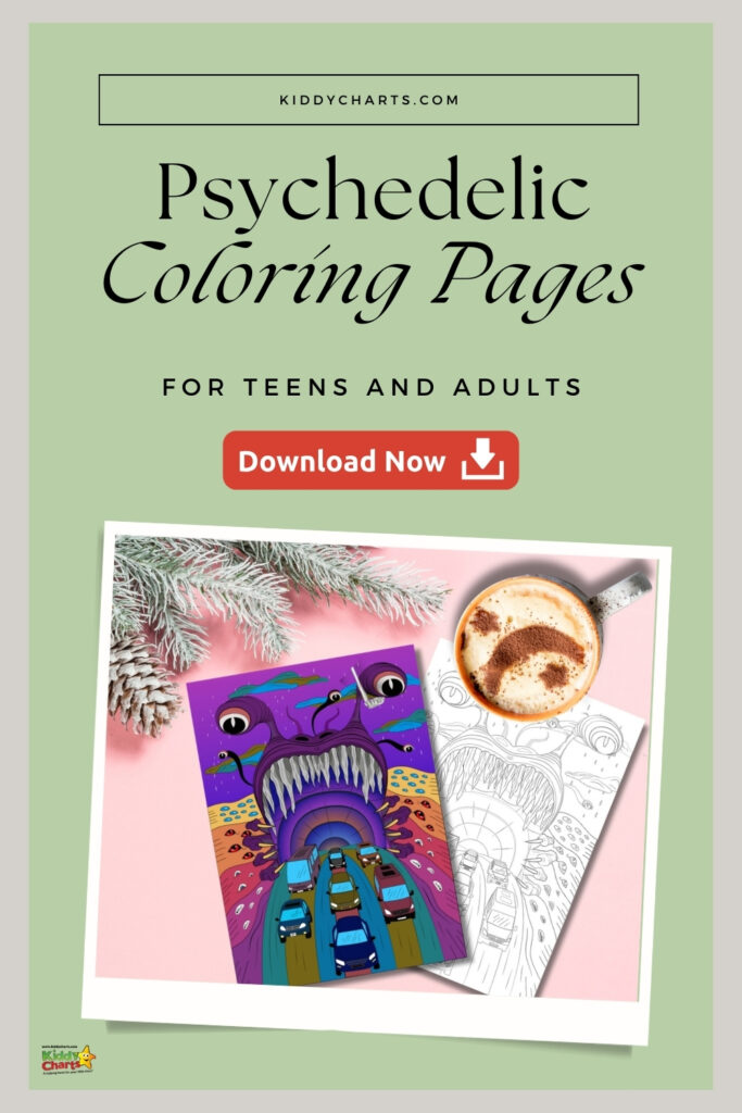 This image shows an advertisement for psychedelic coloring pages aimed at teens and adults, available for download, with a sample displayed.