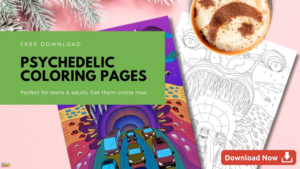 An advertisement offers free psychedelic coloring pages, targeting teens and adults, with an image of a coffee cup and sample coloring pages.