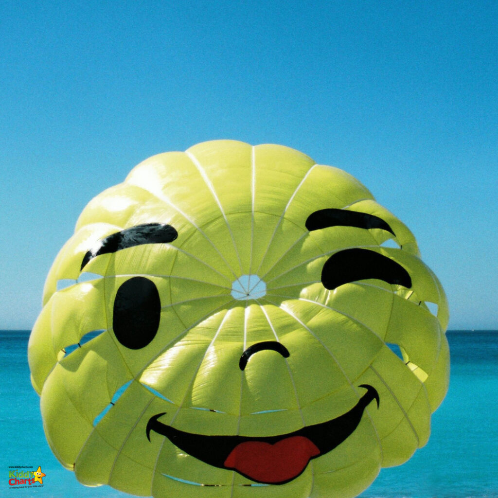 A large yellow smiley face parachute with black features is set against a clear blue sky above the sea. It appears to be used for parasailing.