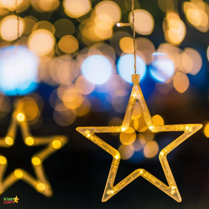 Illuminated star-shaped light hanging with a bokeh background of warm glowing lights. The image conveys a festive or holiday atmosphere, likely Christmas-related.
