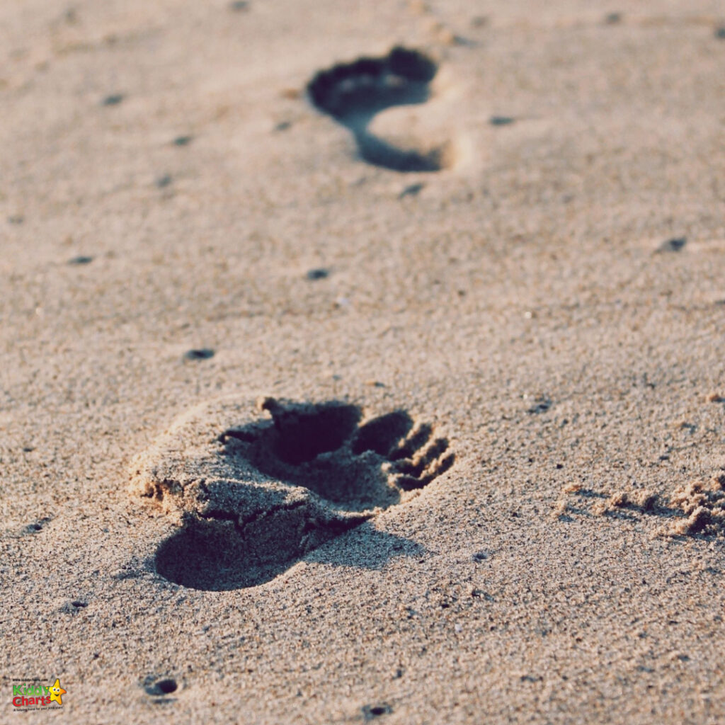 A close-up of a sandy beach showing a trail of bare footprints leading away, with focus on the nearest imprint, under a soft light.