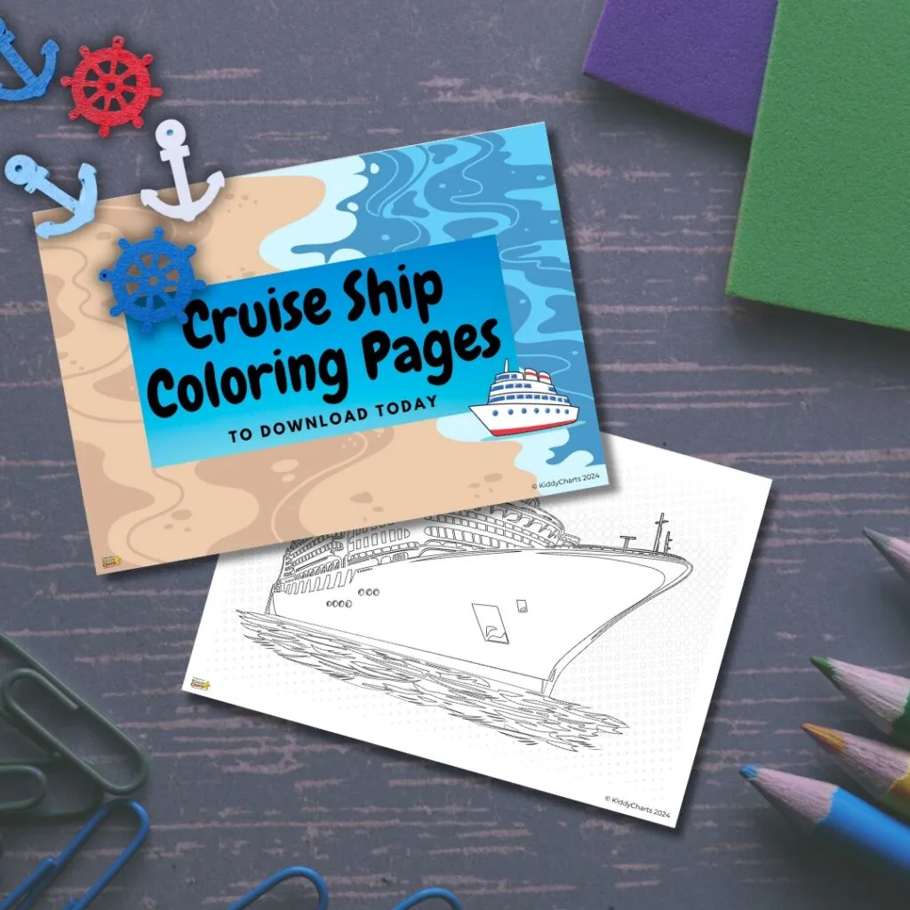 An advertisement for "Cruise Ship Coloring Pages" with coloring materials and decorative anchors on a wooden surface, suggesting activities for children or hobbyists.