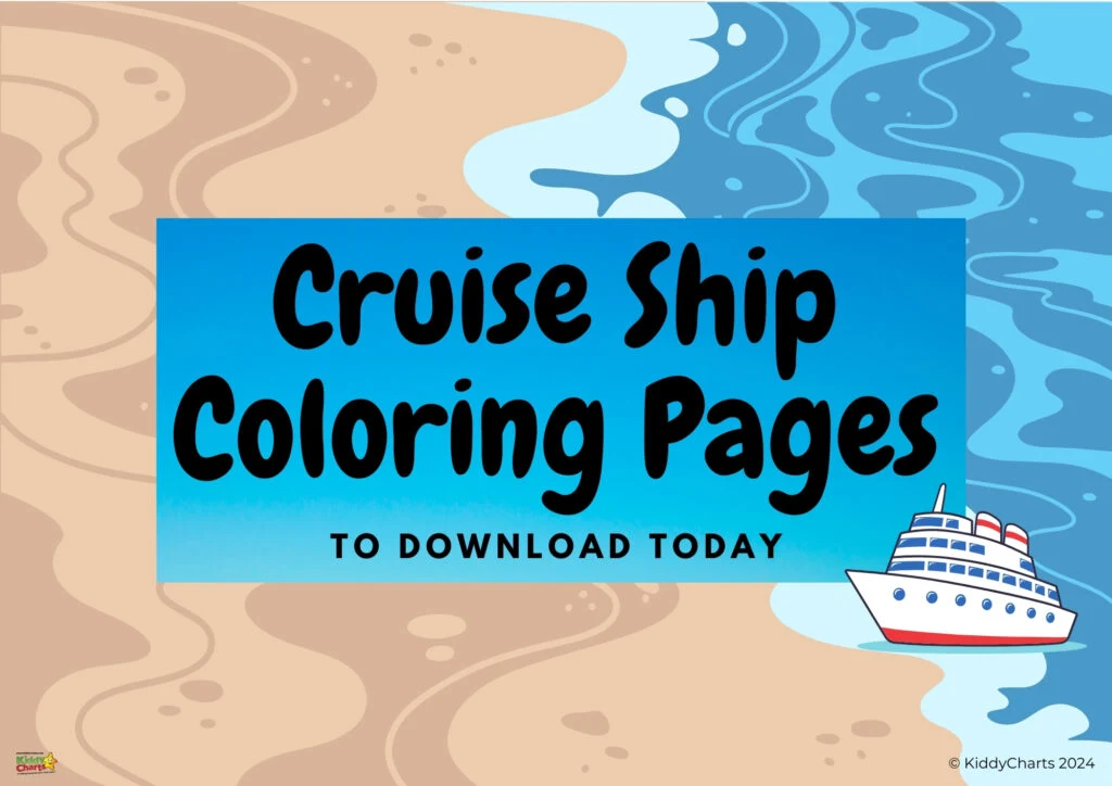 This image features a promotional ad for "Cruise Ship Coloring Pages" set against a backdrop of swirling blue water and sandy beige patterns.
