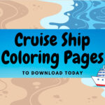 This image features a promotional ad for "Cruise Ship Coloring Pages" set against a backdrop of swirling blue water and sandy beige patterns.