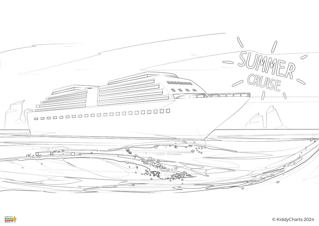 This is a black and white line drawing of a cruise ship on water with the words "SUMMER CRUISE" prominently displayed above it, with iceberg shapes in the distance.