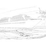 This is a black and white line drawing of a cruise ship on water with the words "SUMMER CRUISE" prominently displayed above it, with iceberg shapes in the distance.