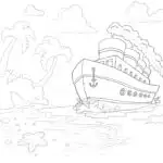 A black and white coloring page depicts an ocean liner at sea with playful waves, clouds in the sky, and a starfish in the foreground.