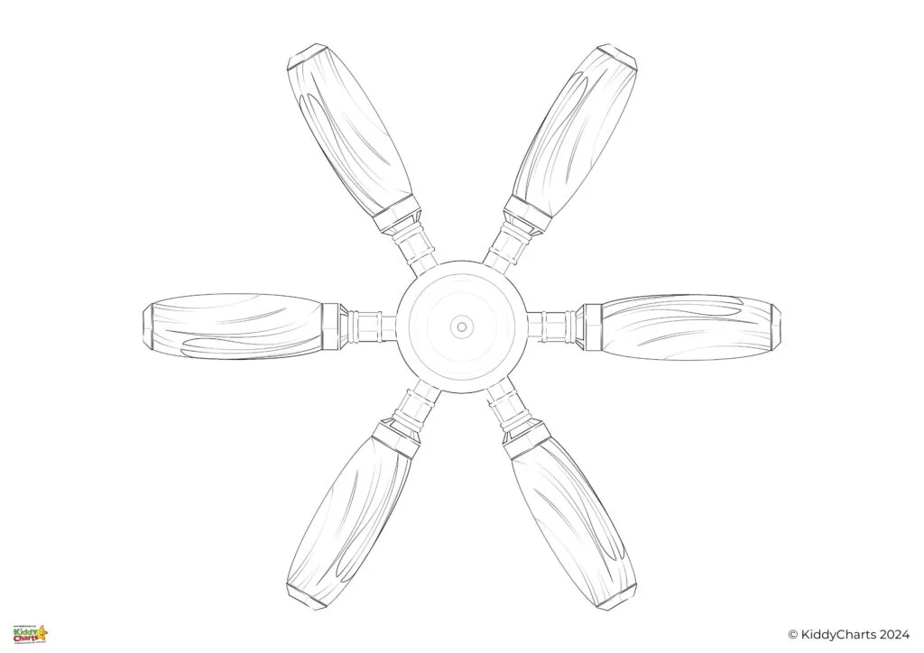 The image is a black and white line drawing of a five-blade ceiling fan, depicting a simple, symmetrical design suitable for coloring activities.