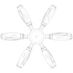The image is a black and white line drawing of a five-blade ceiling fan, depicting a simple, symmetrical design suitable for coloring activities.