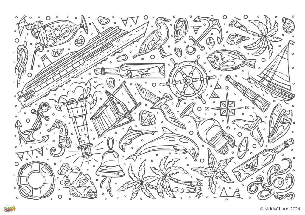 This is a black and white coloring page with a nautical theme, featuring a sailboat, lighthouse, sea creatures, ropes, and navigational tools scattered randomly.