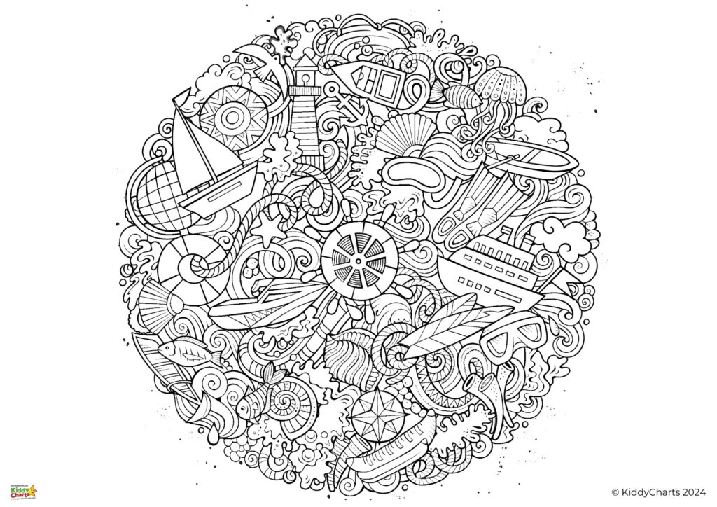 This image features a detailed black-and-white circular coloring page with various nautical elements like ships, lighthouse, wheel, and sea creatures.