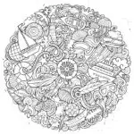 This image features a detailed black-and-white circular coloring page with various nautical elements like ships, lighthouse, wheel, and sea creatures.