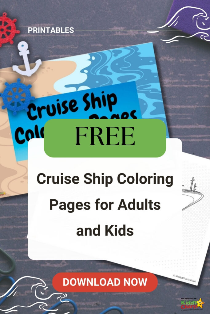 This is an advertisement for free printable cruise ship coloring pages for adults and kids, featuring maritime-themed graphics and a download button.